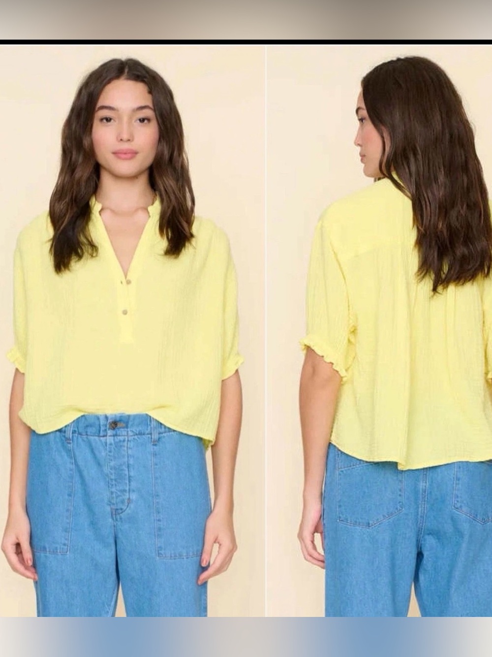 XIRENA Taye Cotton Gauze Top Pale Yellow Button‎ Henley Boho Blouse Small